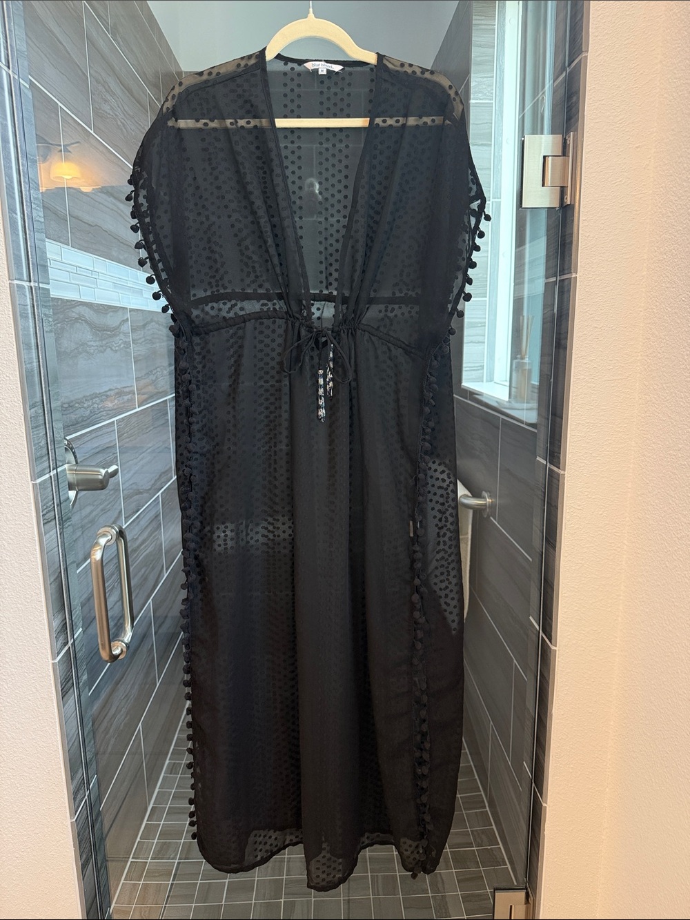 Blue Island Sheer Black Pom-Pom maxi Cover-Up with Tie Front
